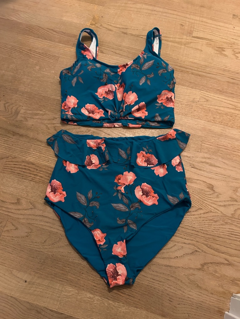 CORAL REEF SWIM Size Large Teal Floral Two-Piece Swimsuit Set with Coral Flowers